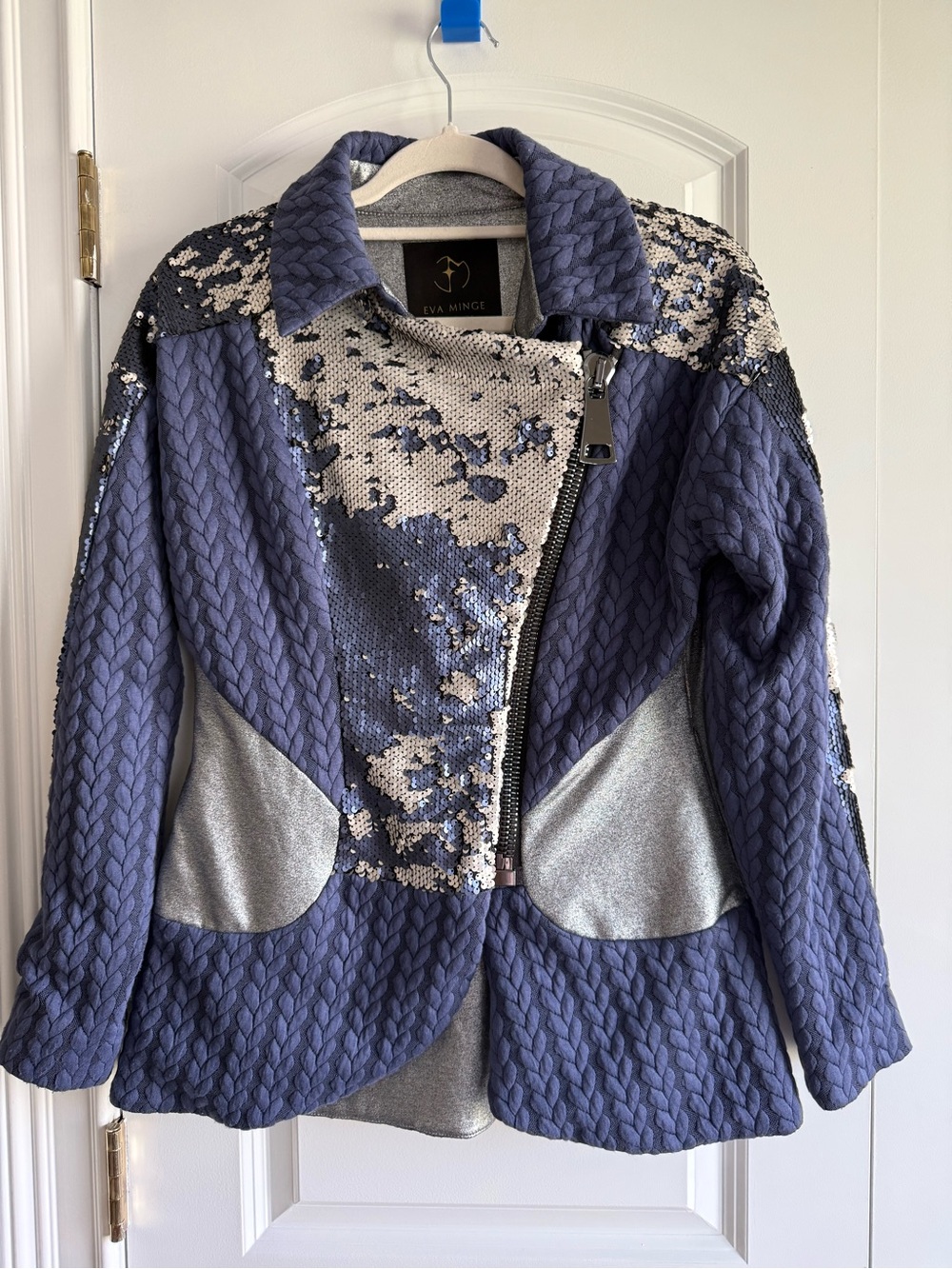 Eva Minge Couture Navy & Silver Sequin Knit Moto Jacket, size S (4/6), EUC!